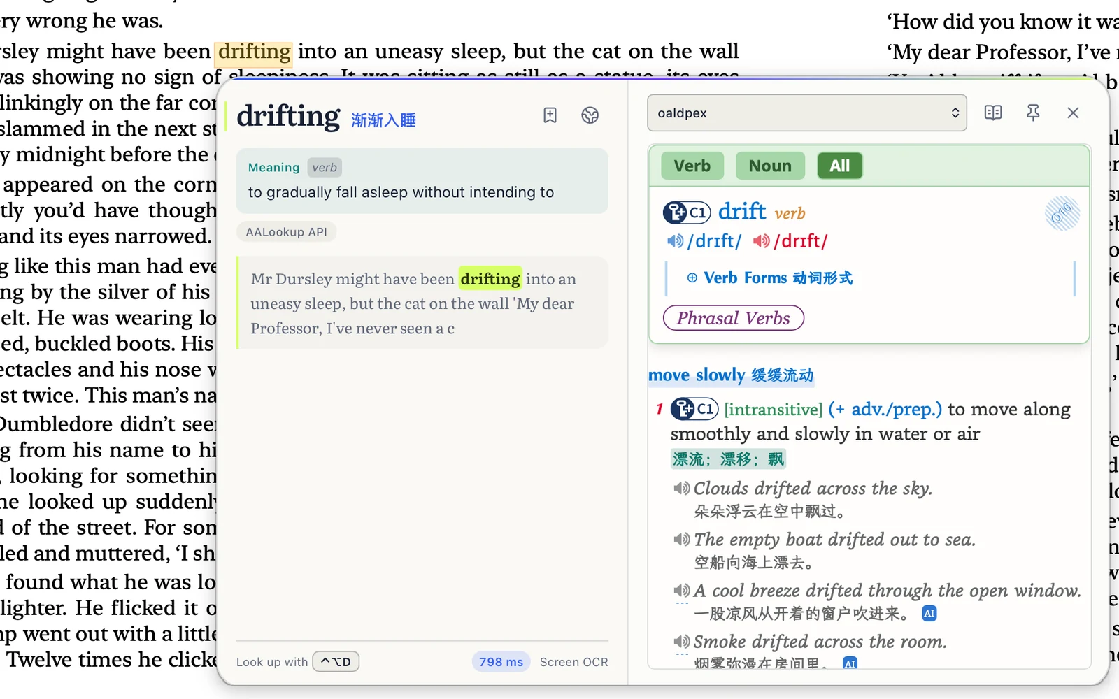 A novel in a reader that blocks text selection. AALookup reads the page from the screen instead.